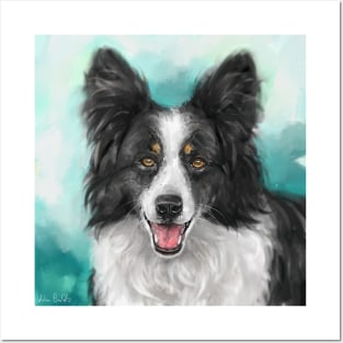 Painting of a Smiling Black and White Border Collie Dog on a Turquoise Background Posters and Art